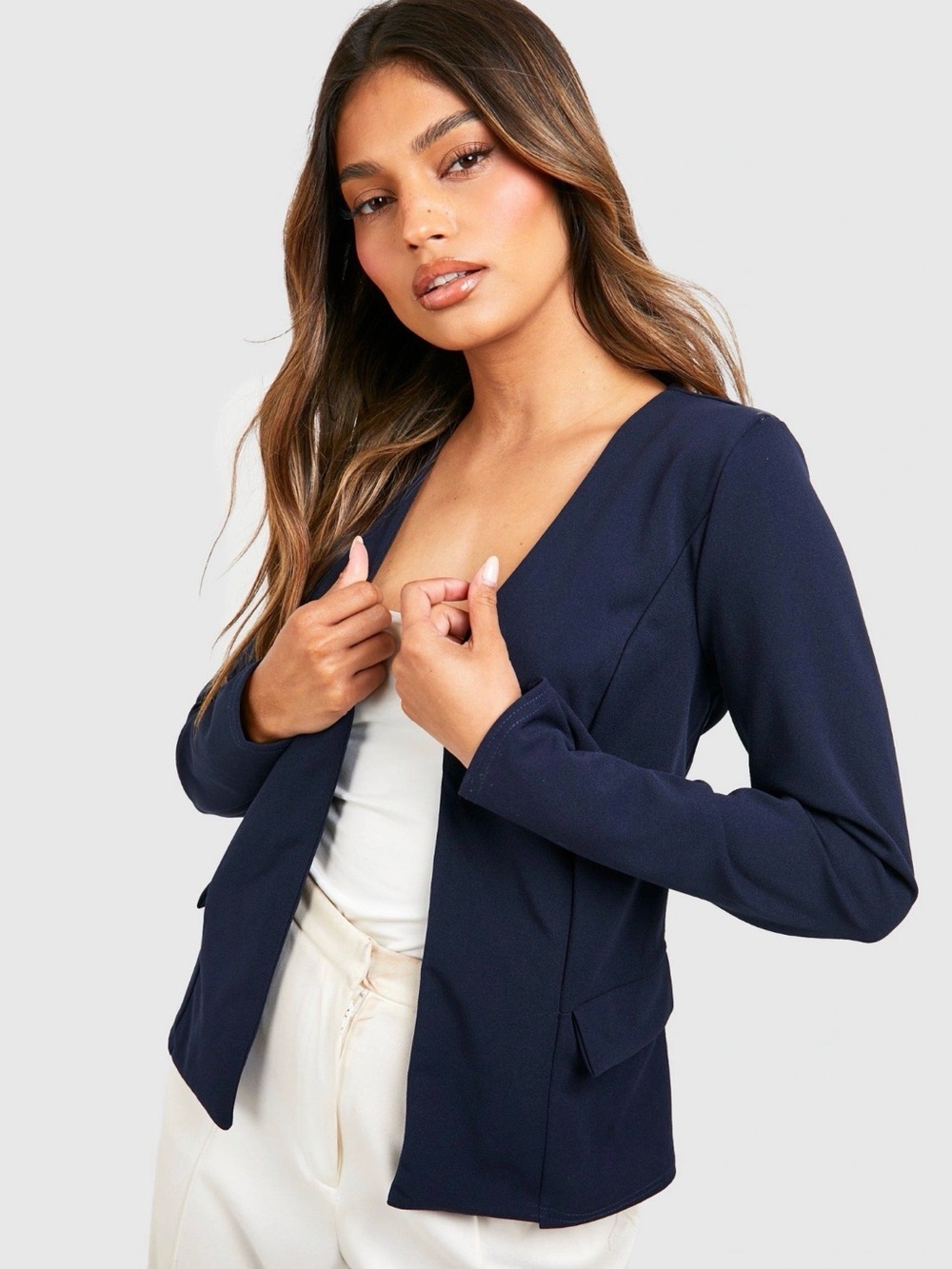 Boohoo Navy Open-Front Blazer Jacket